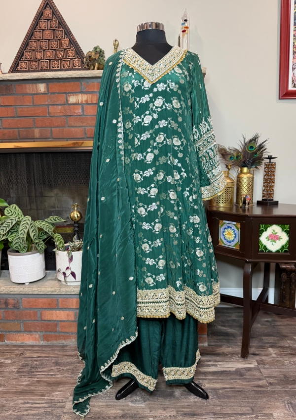 Green Banarasi Kashmiri Choga Suit